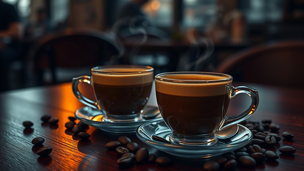 Two espresso cups on a dark café table