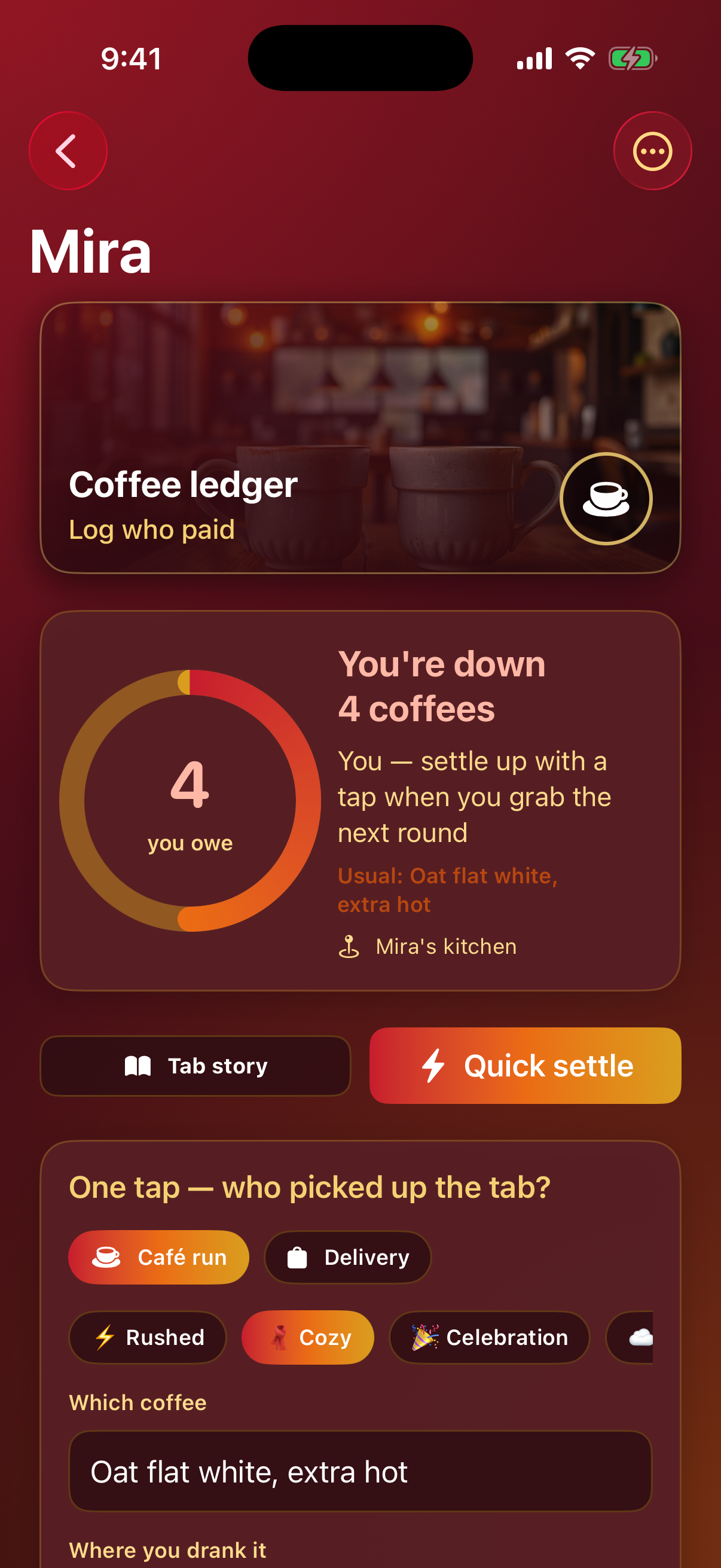 Buddy ledger with one-tap tab bar