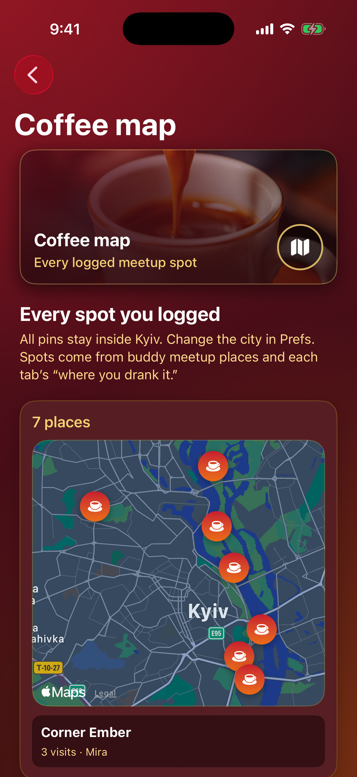 Coffee map of logged places in one city